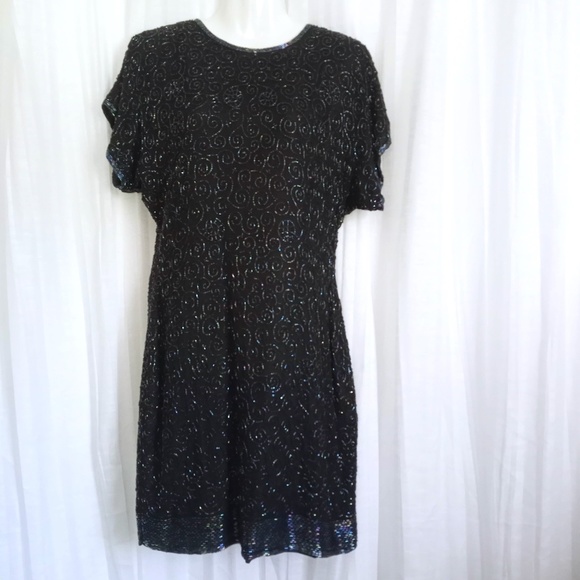 Lawrence Kazar Beaded Dress Vintage Iridescent Swirl Black Silk Raglan Petite M - Picture 1 of 8